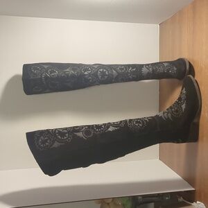 Free People High Noon embroidered Black Suede Over the Knee Boots Eur 37